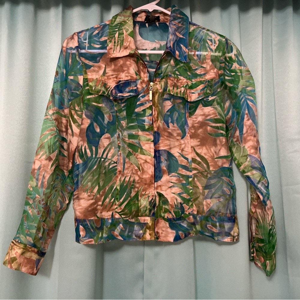 Lightweight mesh tropical leaves print jacket